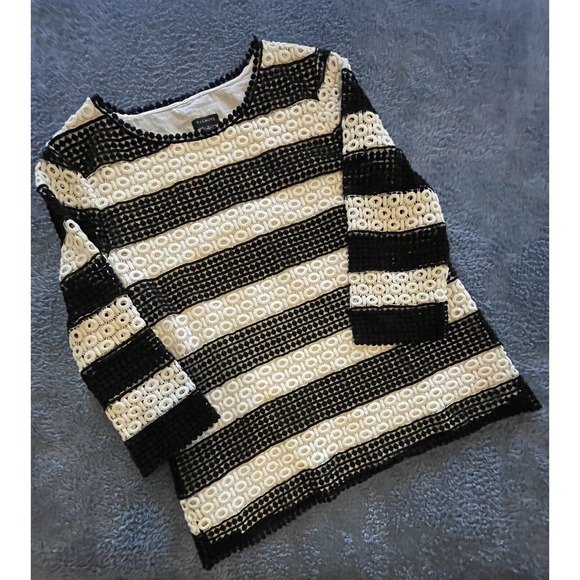 TALBOTS Women Size S Stripe Eyelet Lace Overlay Pullover Top Neutral Ivory/Black - Picture 1 of 6